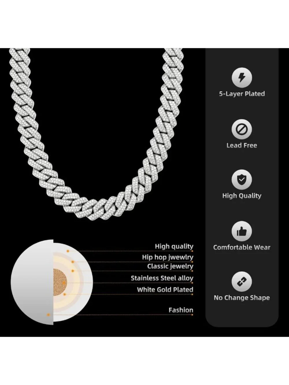 Men's Iced Out Cuban Link Chain Necklace - 18K Gold & Silver Hip Hop Jewelry